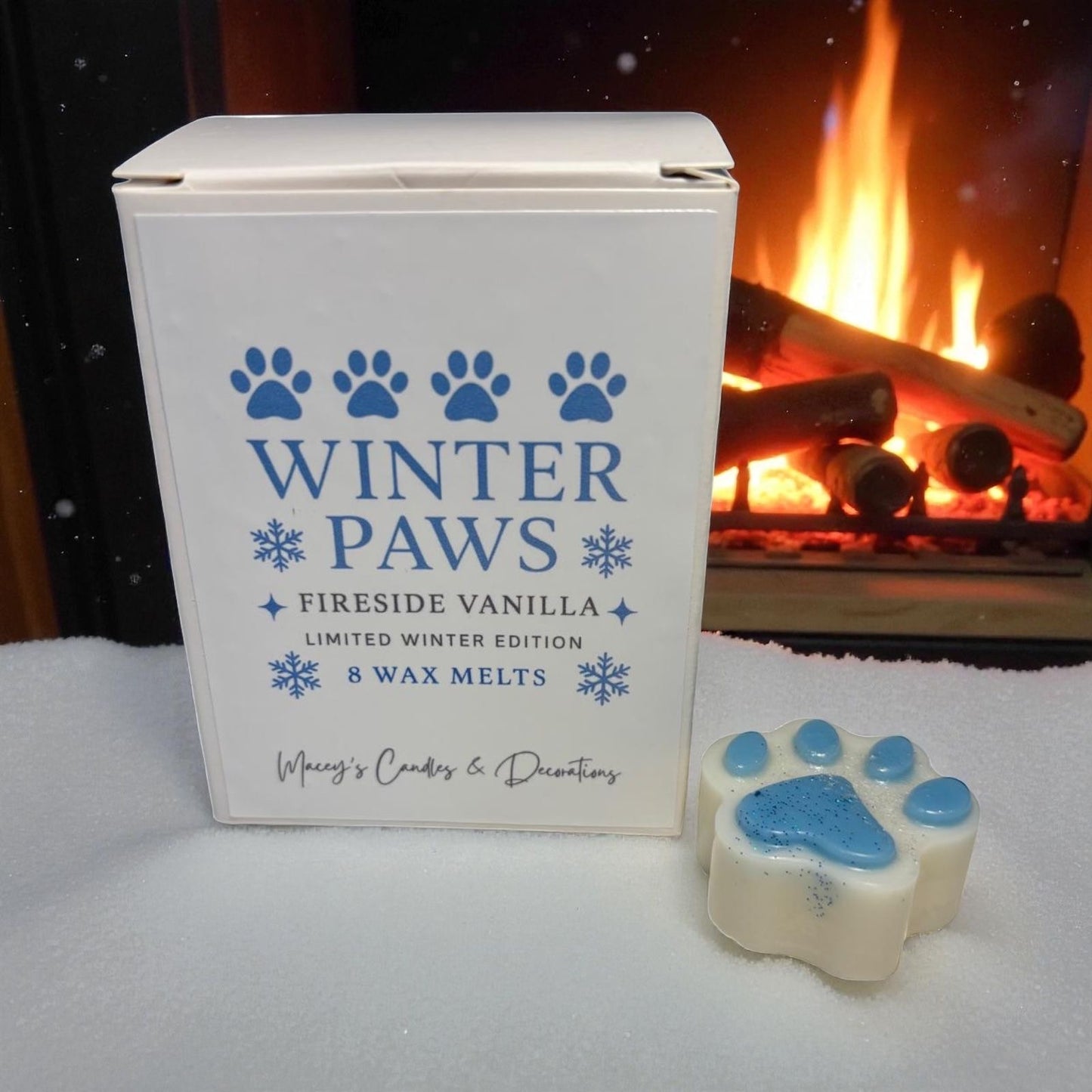 Waxmelts in de vorm van pootjes wit met blauw geur van openhaard en vanille 8 stuks in wit doosje, handgemaakt van sojawas, soja wax Melts