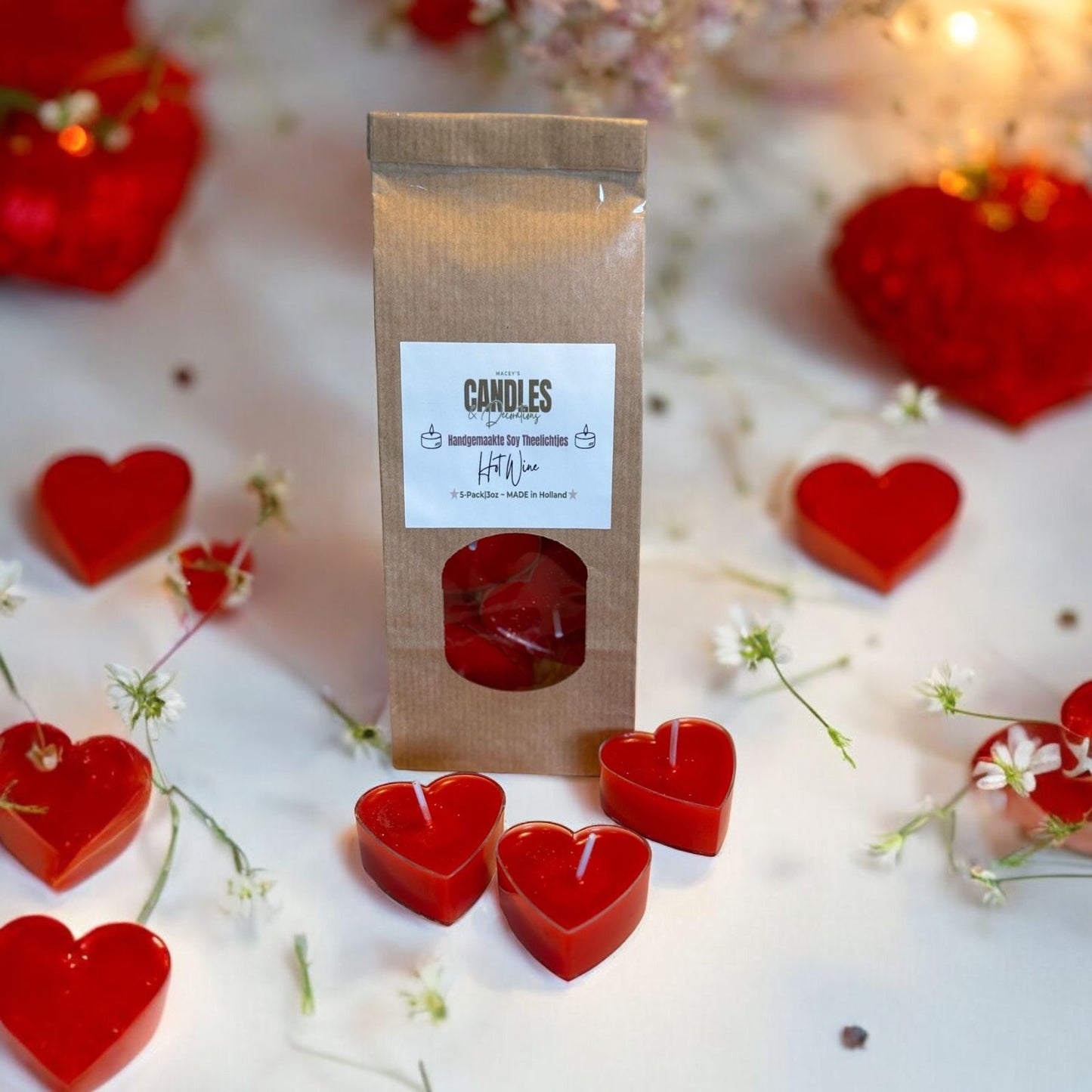 Romantische doorzichtige hittebestendige theelichtjes in hartvorm met de geur van hete rode zoete fruitige wijn gemaakt van natuurlijke soja was