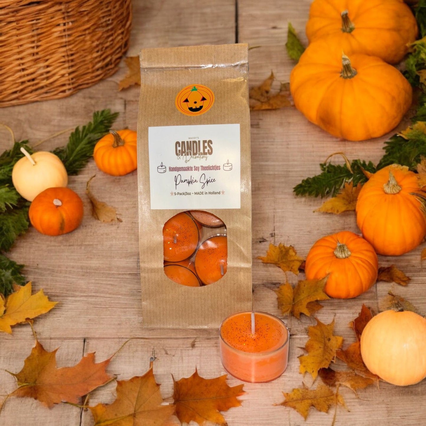 theelichtjes/waxinelichtjes met geur pumpkin spice sojawas. Herfst geur, duurzaam, Halloween 2025
