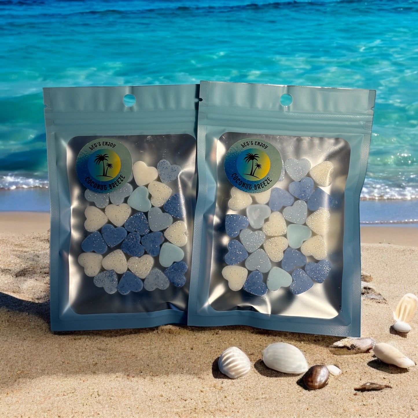 heerlijke geur waxmelts, melts met kokosnoot geur in de vorm van blauwe en witte hartjes in een hersluitbaar blauw zakje te gebruiken in een waxbrander