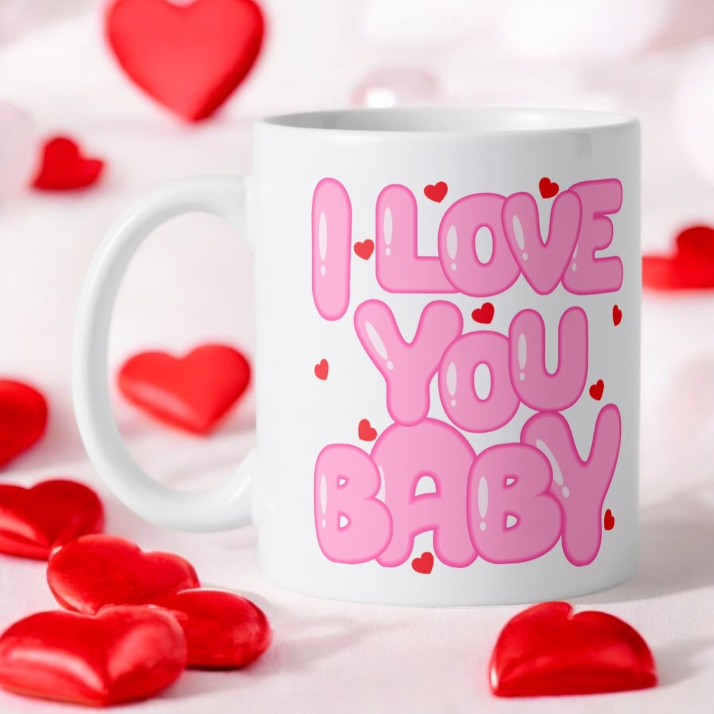 keramische koffie beker, wit met ballonvormige gesublimeerde tekst, i love you baby in het roze met rode kleine hartjes. liefde, valentijn, moederdag, love, chocolademelk beker, thee mok, koffiemok