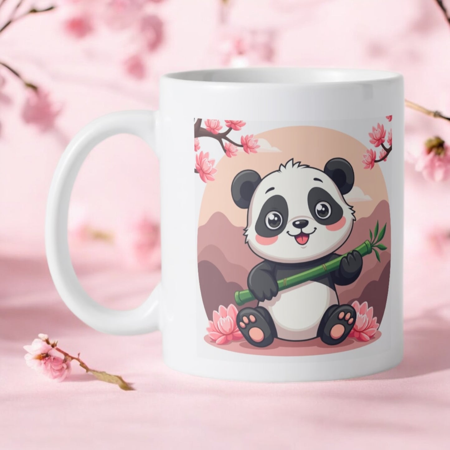 Keramische witte koffie beker van 350ml met een lief cartoonachtig pandabeertje met bamboestokje in zachte kleuren