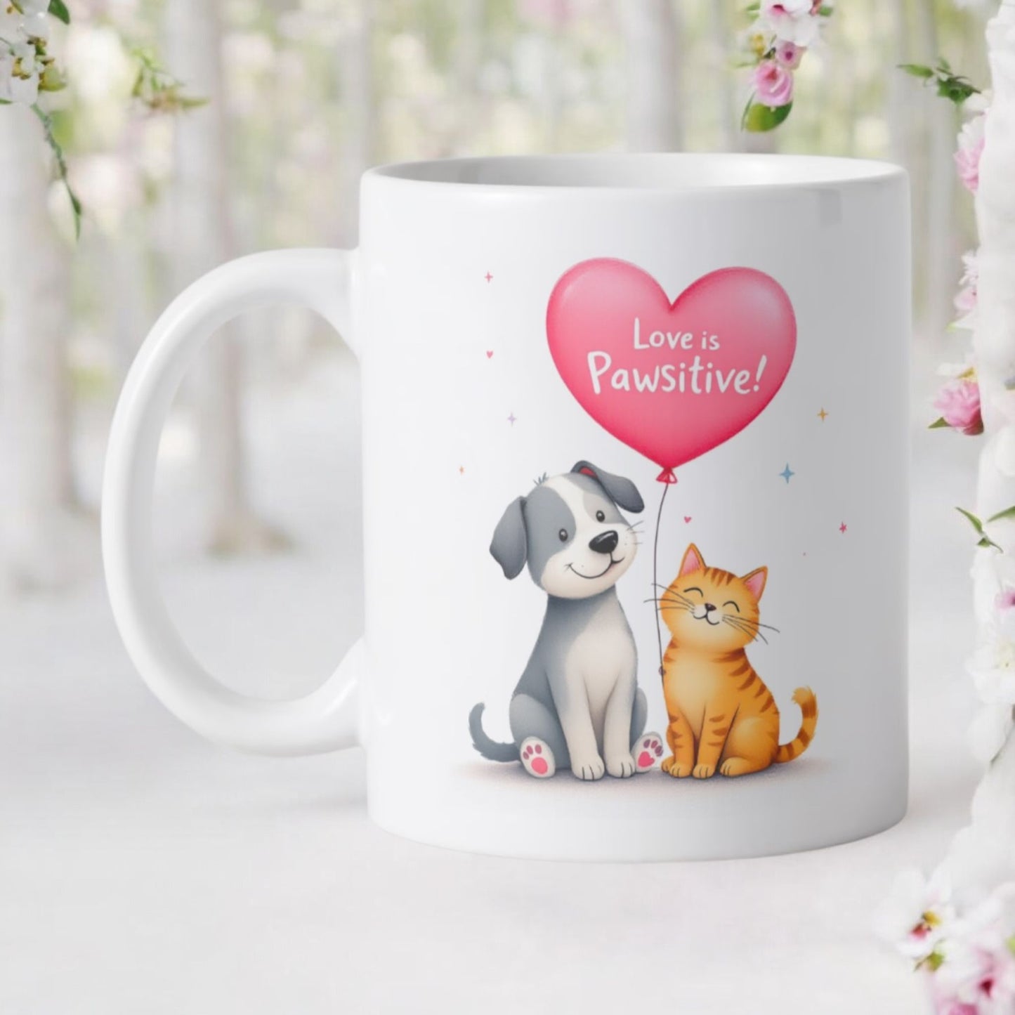 Hond en poesje met hart ballon op keramische beker 350 ml