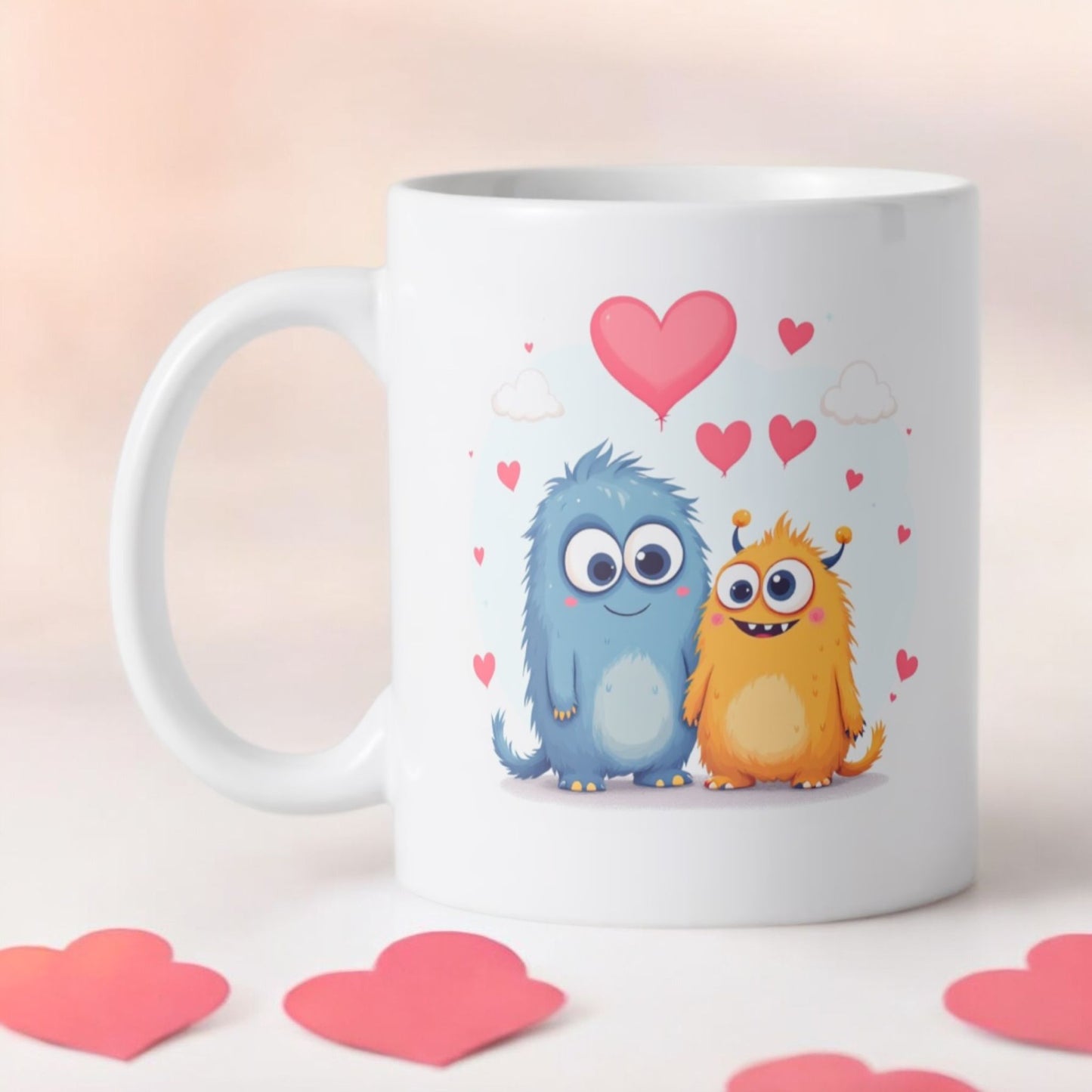 Keramische Beker wit met verliefde monstertjes met hartjes 350 ml