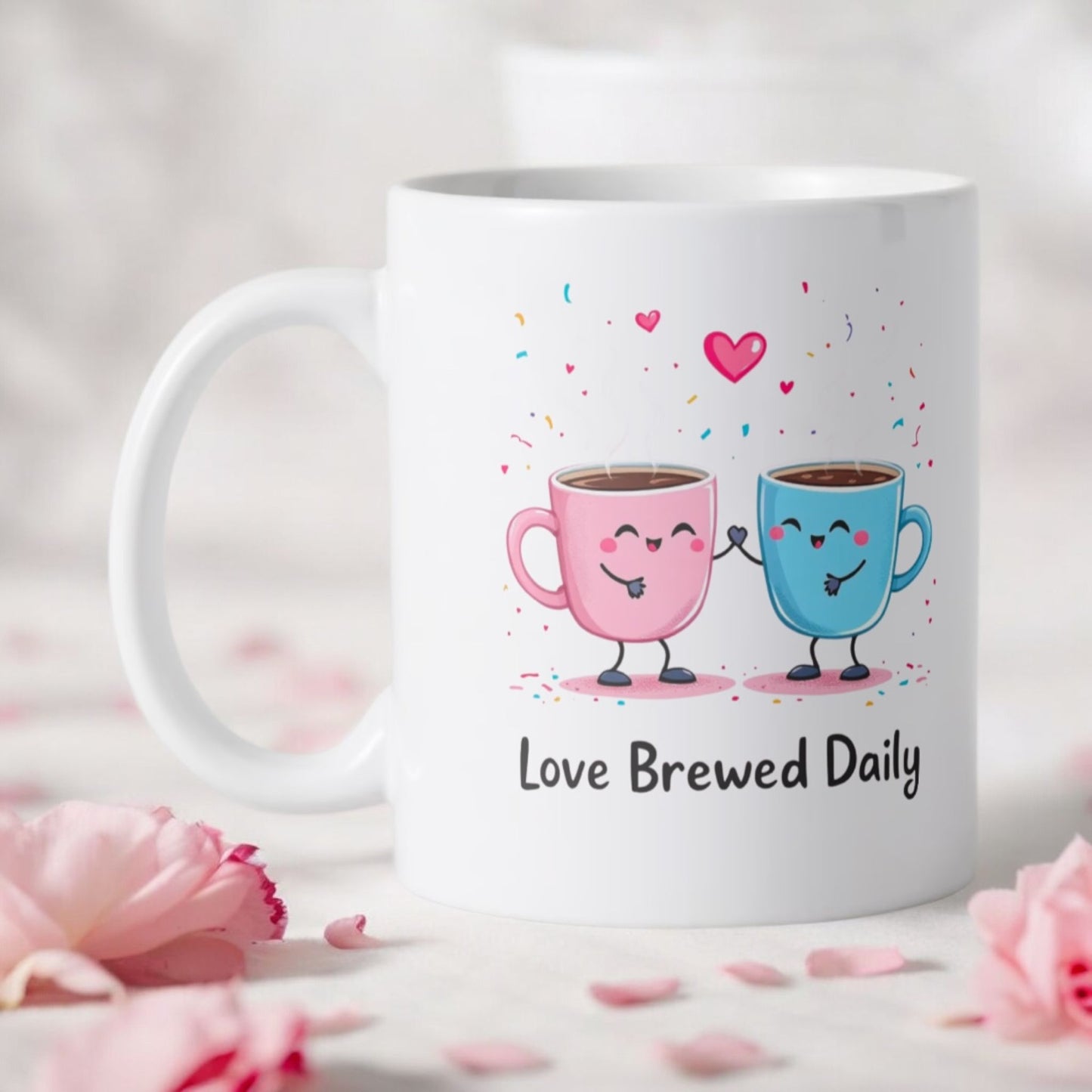 Koffie beker wit 350 ml met tekst love brewed daily met opdruk 2 pastelkleurige koffiekopjes roze en blauw