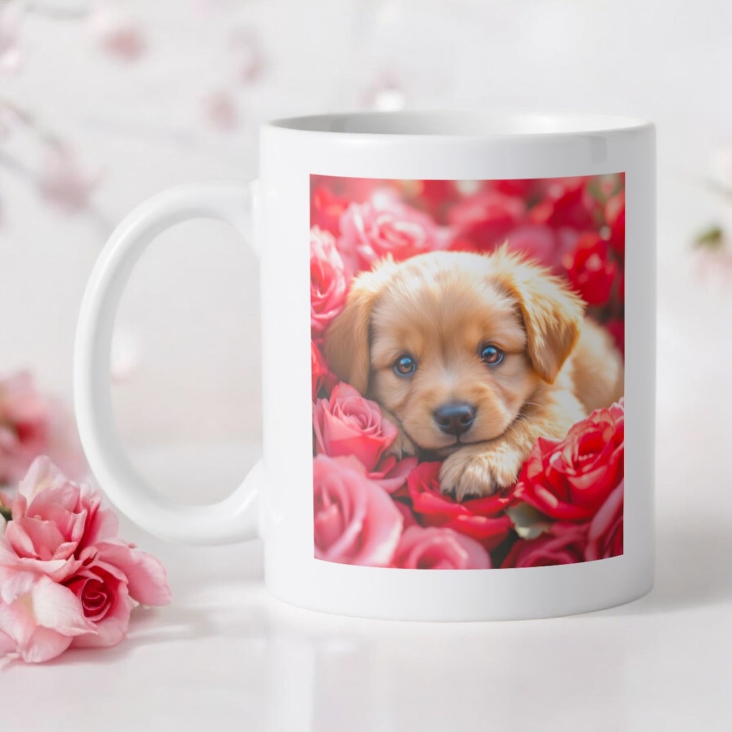 Witte keramische beker mok met puppy omringd door rozen gesublimeerd 350 ml