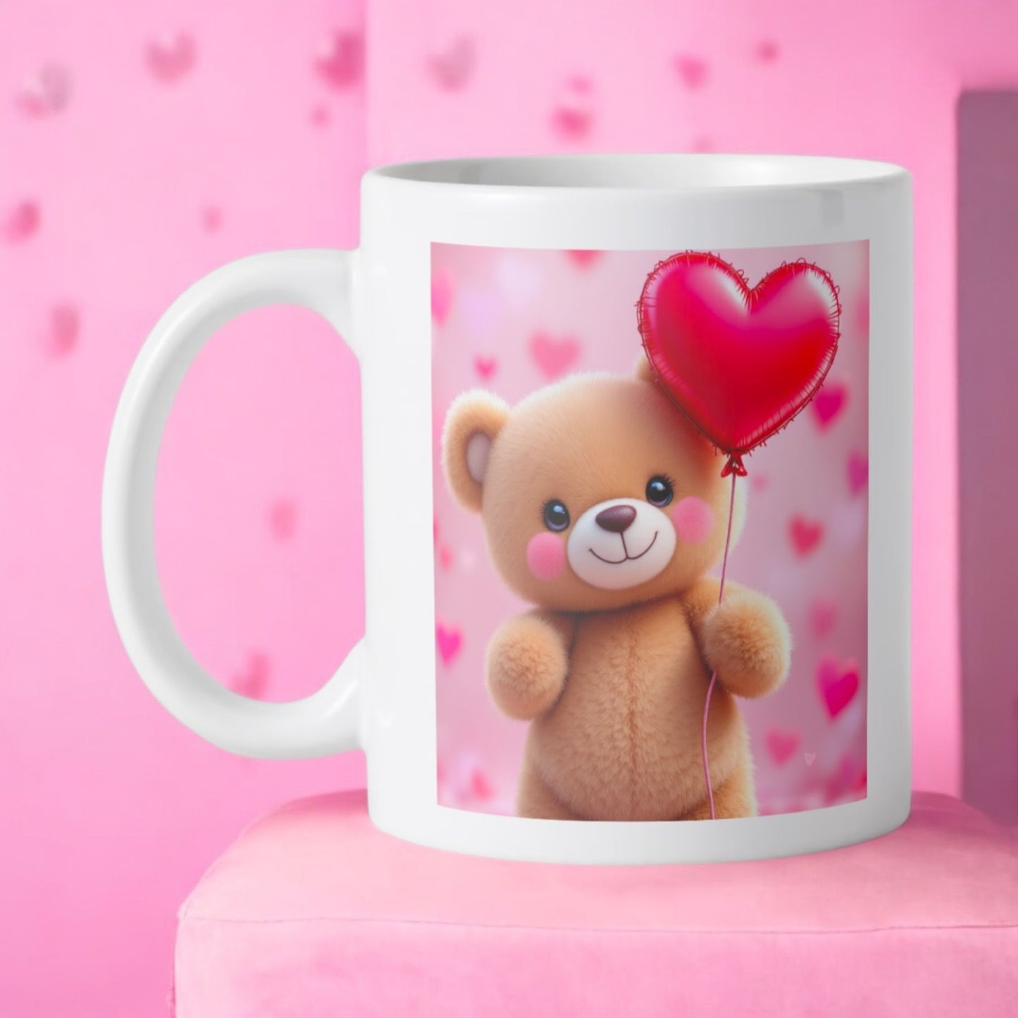 Mok Beker 350 ml wit keramisch beertje met hartjes ballon voor Valentijn of Moederdag