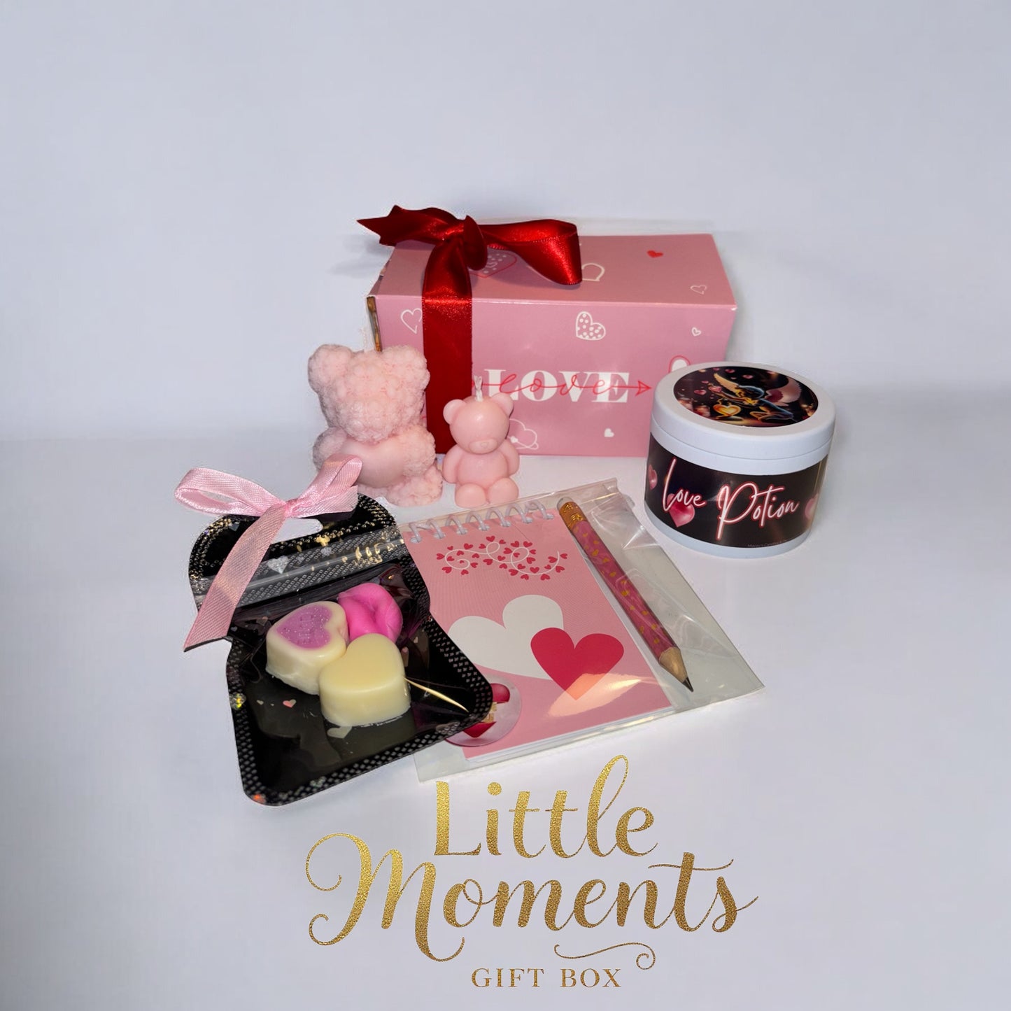 Geschenkset bonbondoosjes met kaarsjes notitieblokje
