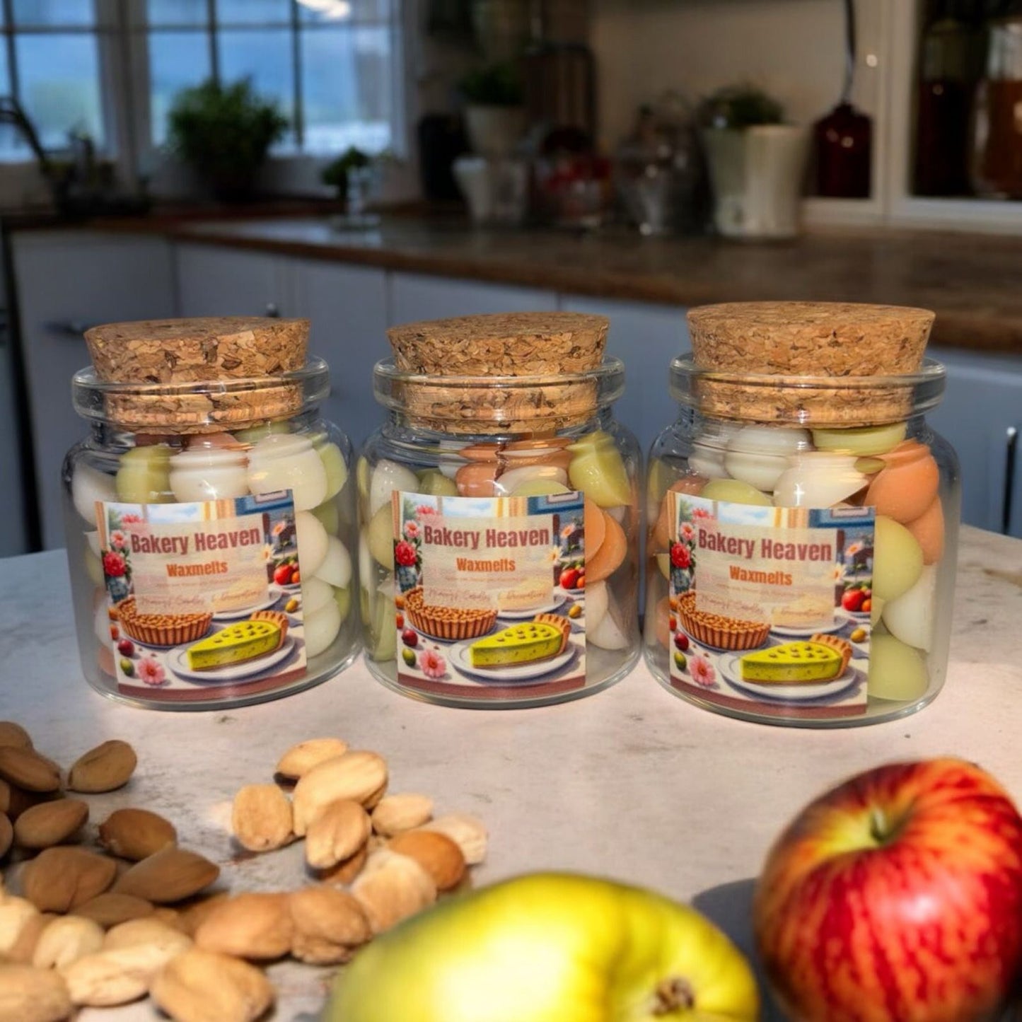 Mini waxmelts voor in de waxbrander, waxburner, met de geuren van appeltaart, pecan pie en pistache in glazen potje 50ml met kurk deksel