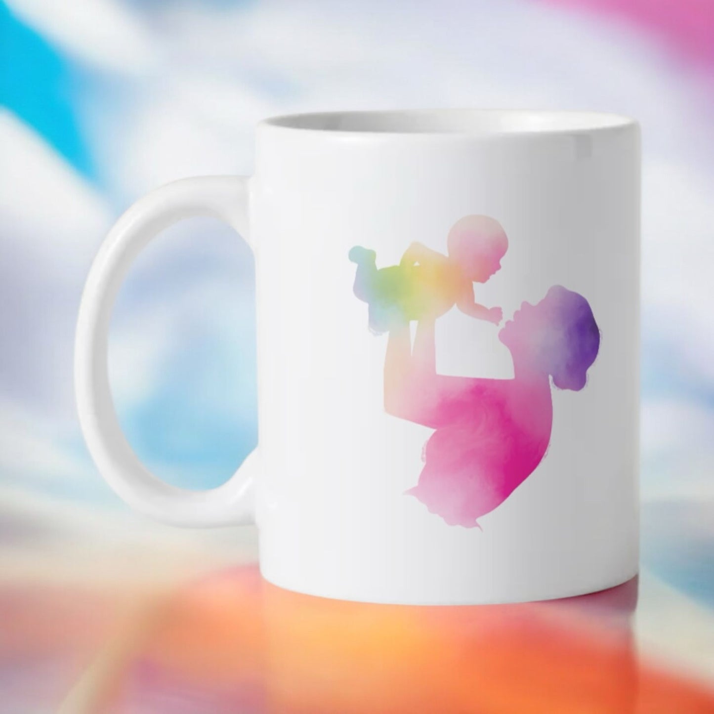 keramische witte koffie beker 350 ml, Moederdag, moeder met kind in waterverf kleuren