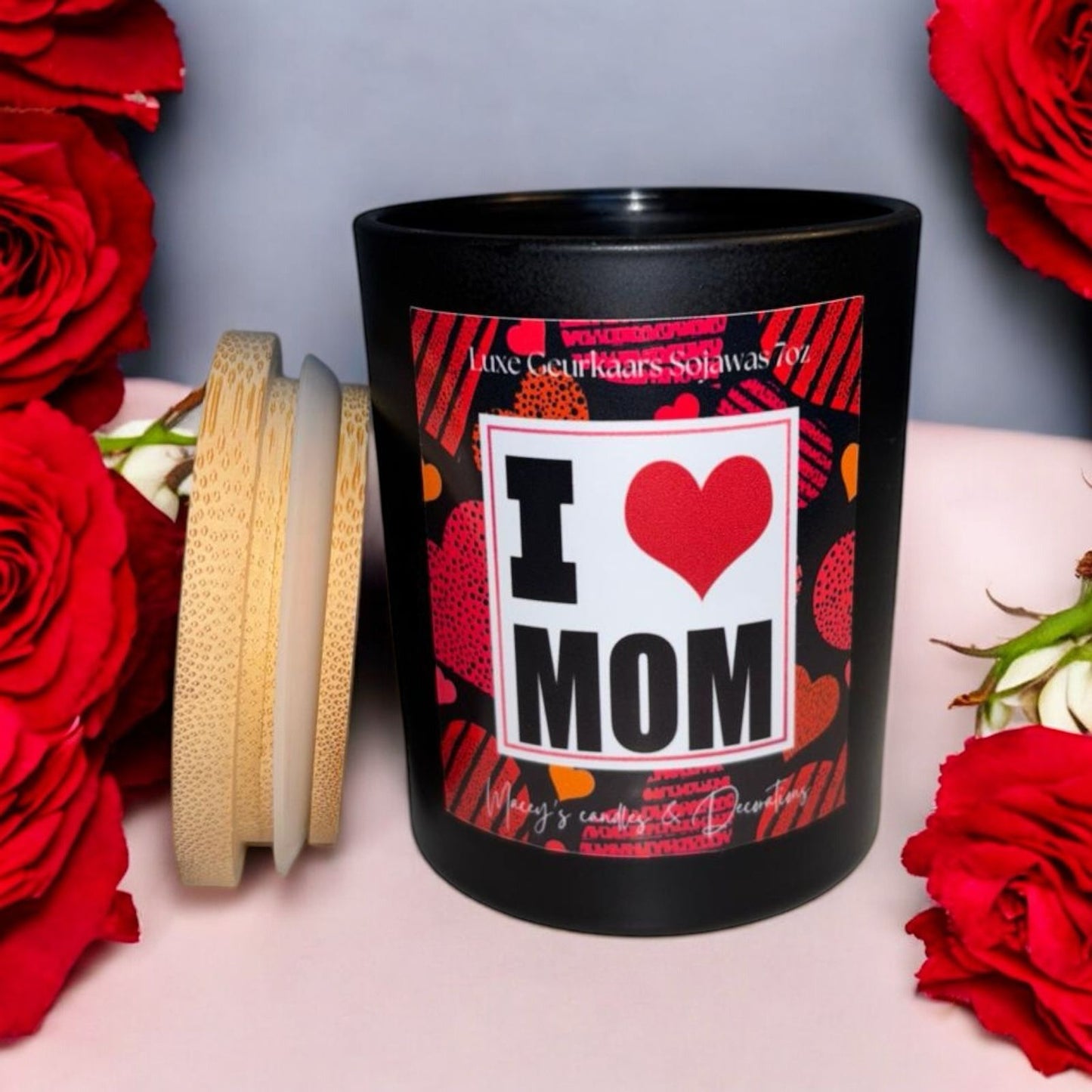 Moederdag luxe geurkaars, zwarte glazen pot met deksel, katoen, vanille of roos, natuurlijk, biologisch, duurzaam, i love mom