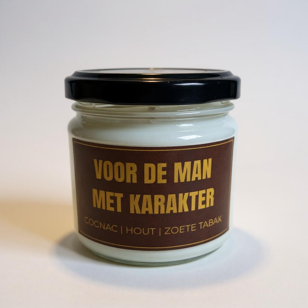 Geurkaars handgemaakt van sojawas in glazen pot met schroefdeksel, 200 ml met de geur van hout, zoete tabak & cognac
