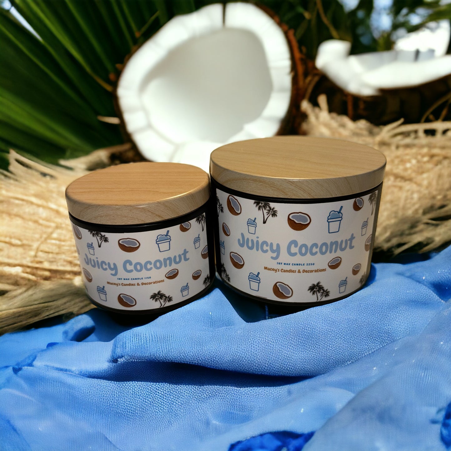 Kokosnoot geurkaars handgemaakt van sojawas in tinnen zwarte pot met houtkleurige deksel kies 4oz en 8oz