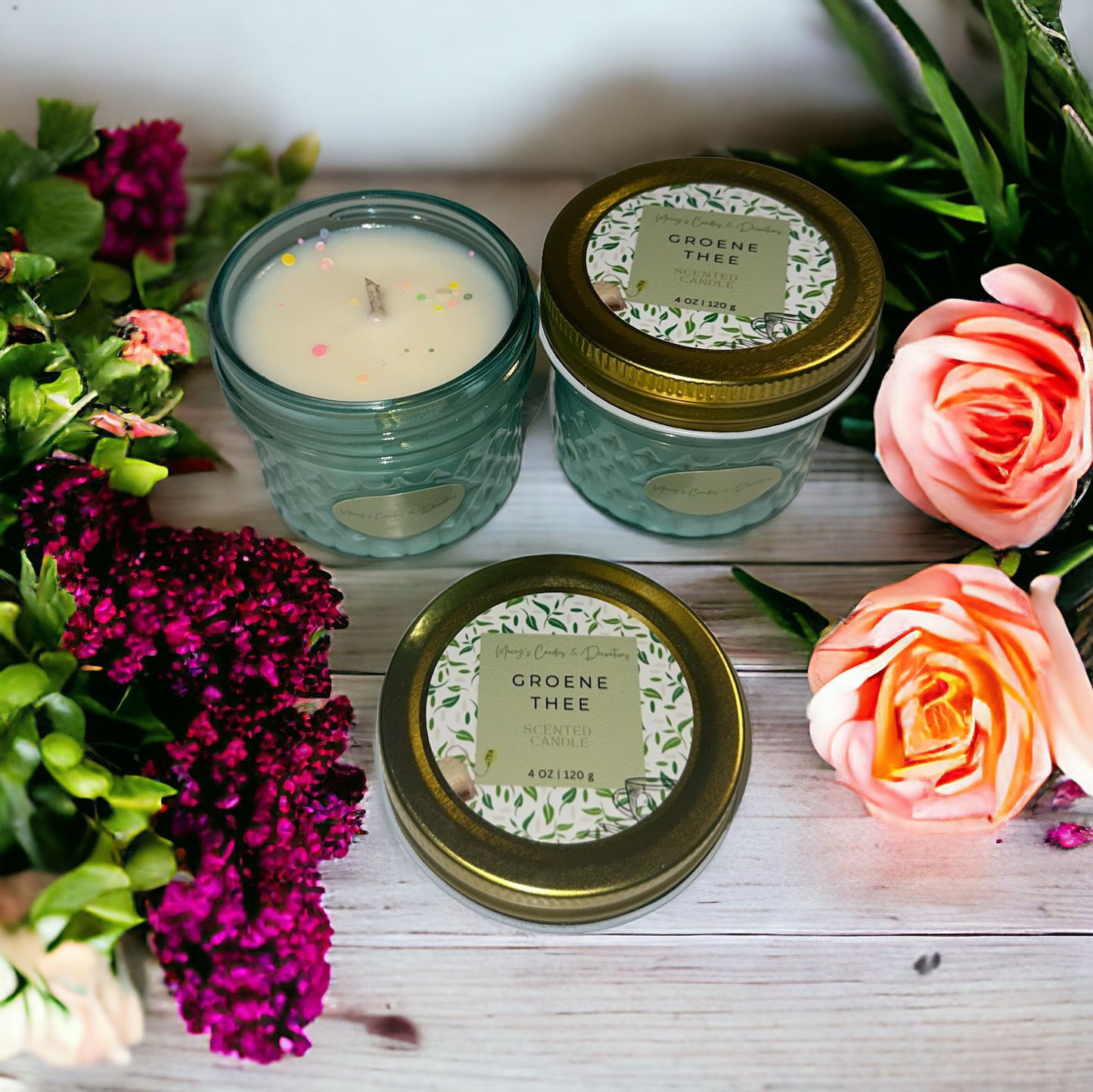 Zomerse Geurkaarsen in gekleurde glazen potjes 4oz|120g