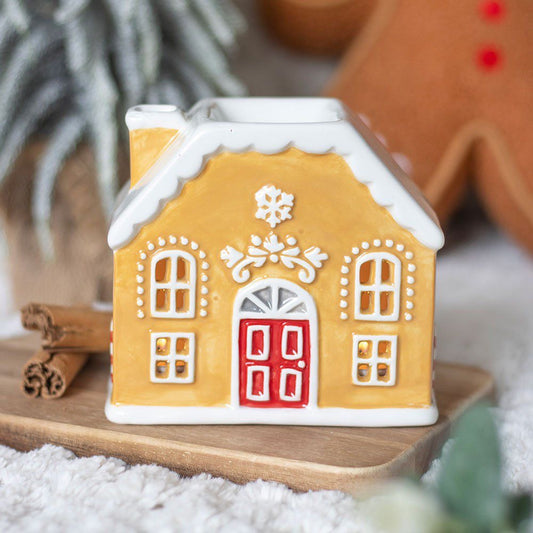 Keramische waxbrander Gingerbread Huisje. Waxburner voor waxmelts en oliën. Lichtbruin met wit en rood. Kerst 2025