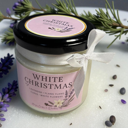 White Christmas geurkaars in glazen pot 200ml met zwarte schroefdeksel, handgemaakt van soja was