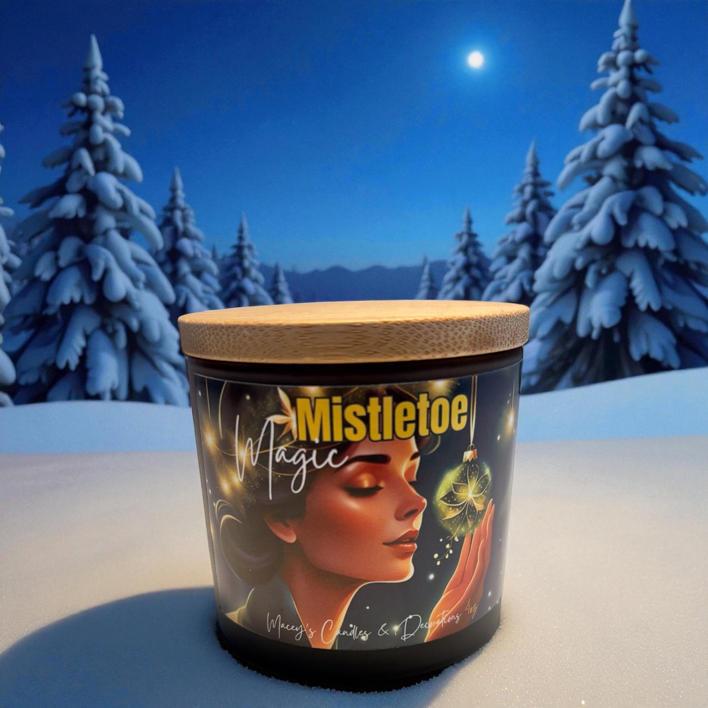 Mistletoe Magic (appel, cassis warme kaneel) Soja geurkaars 4oz Frosted glazen amberkleurige pot met houten deksel 