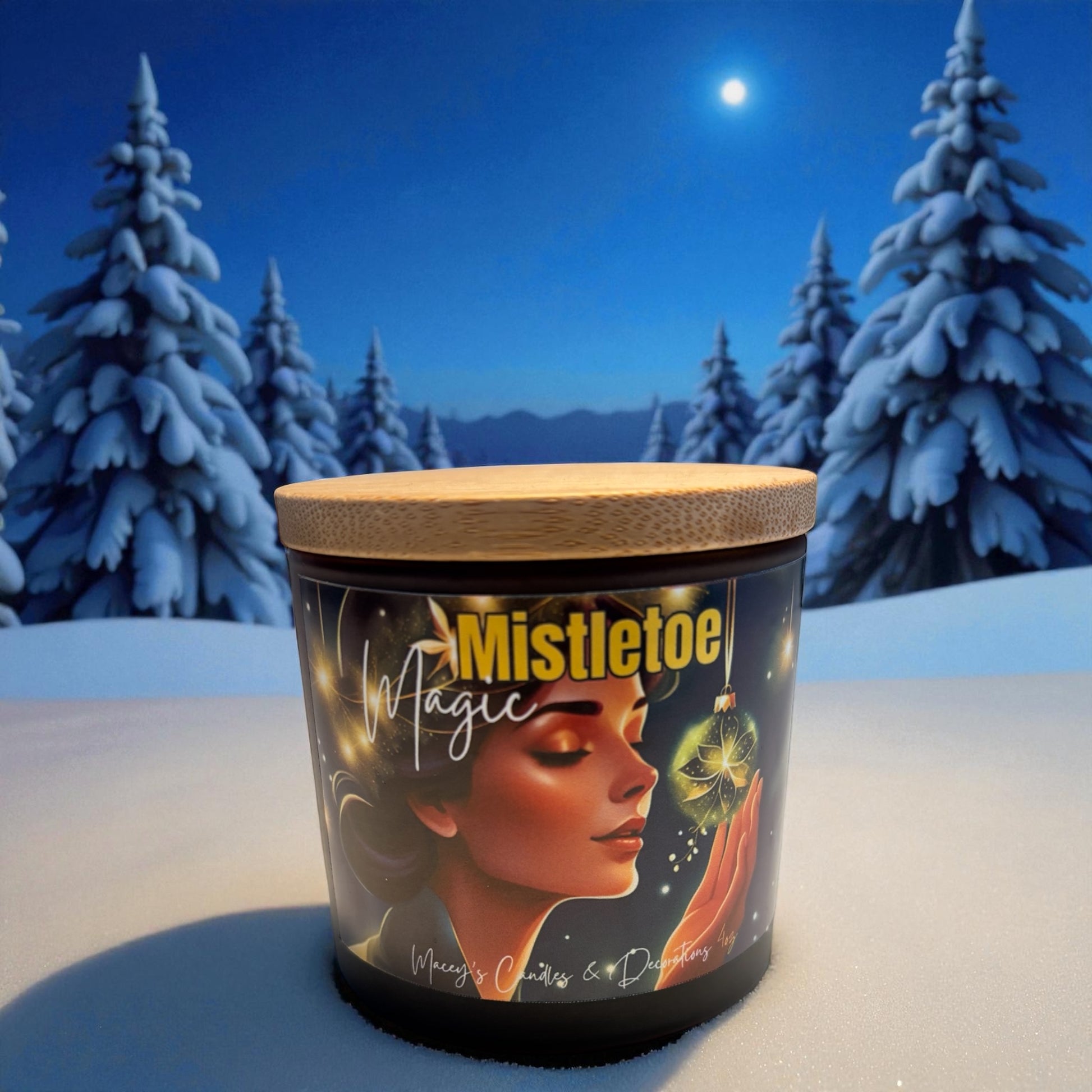 Mistletoe Magic (appel, cassis warme kaneel) Soja geurkaars 4oz Frosted glazen amberkleurige pot met houten deksel 