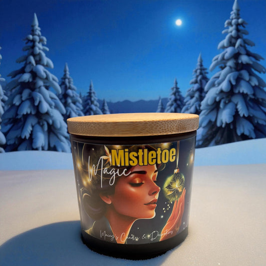 Mistletoe Magic (appel, cassis warme kaneel) Soja geurkaars 4oz Frosted glazen amberkleurige pot met houten deksel 