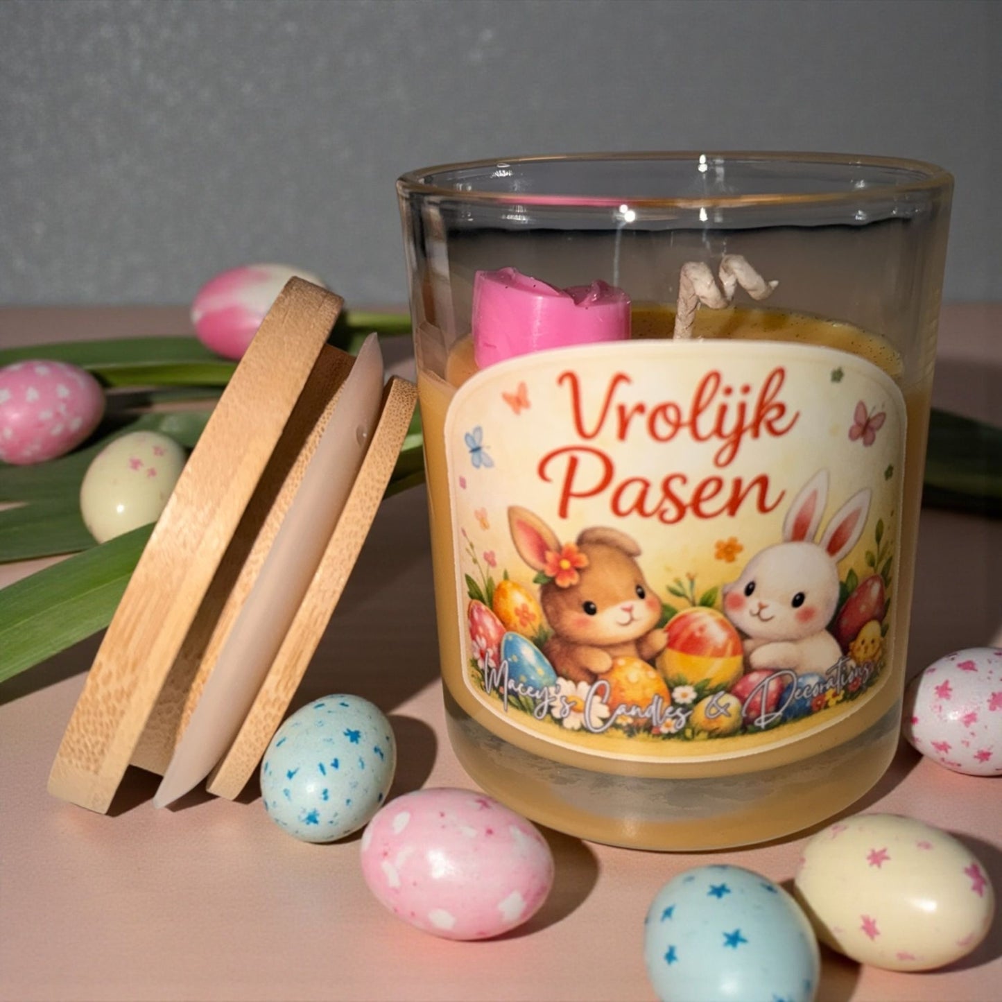 Vrolijk Pasen sojawas kaars in glazen pot met deksel (7oz)