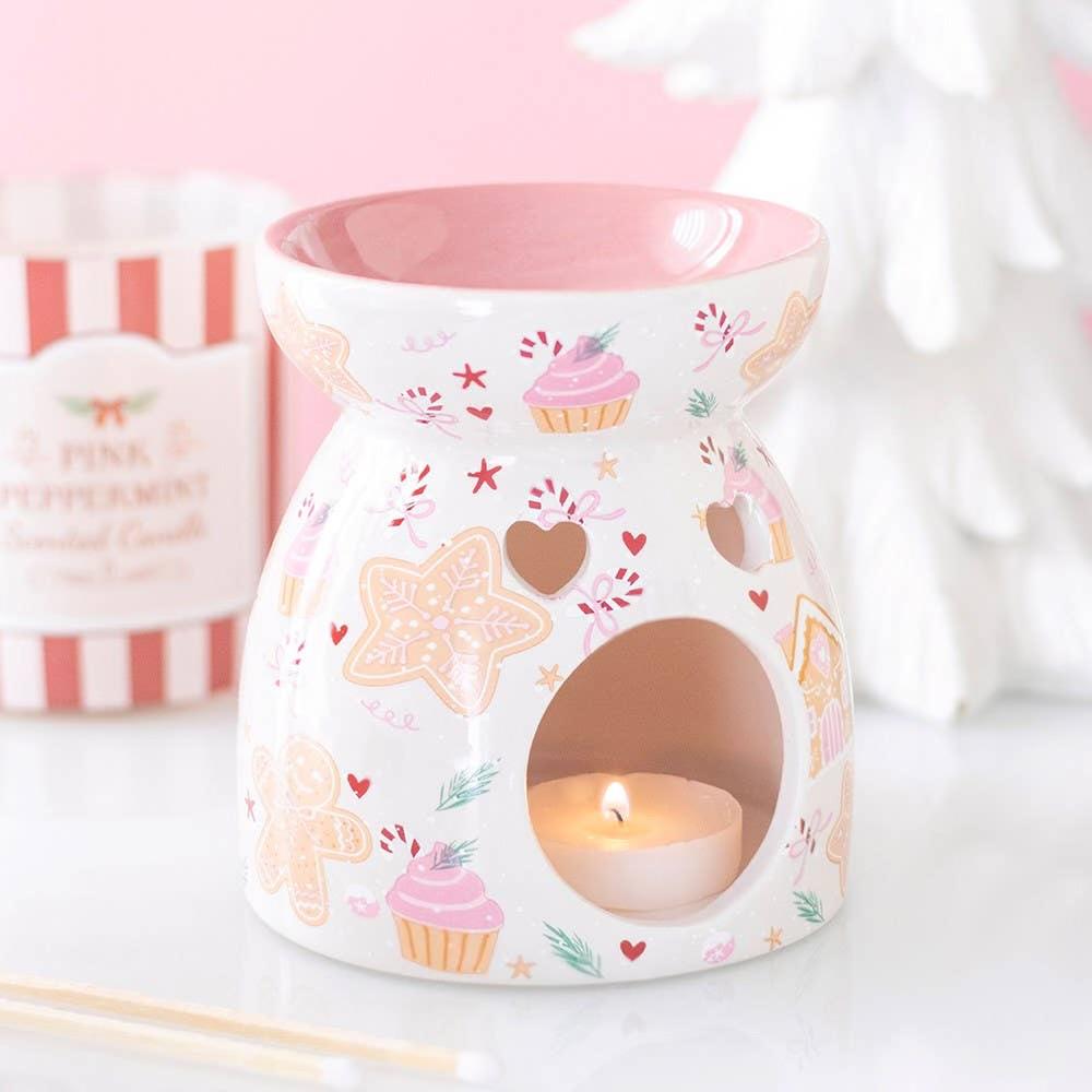 Keramische bakery geurbrander/waxbrander wit met bakkerij print roze