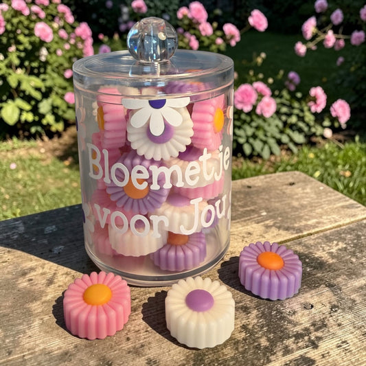 Waxmelts van sojawas in een potje met deksel transparant met de geuren lavendel Roos en Jasmijn 185 g daisy waxmelts, pastelkleuren 