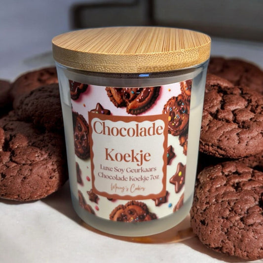 Handgemaakte kaars met warme chocolade koekjesgeur. Gegoten in een 7oz glazen pot met bamboe deksel en gemaakt van natuurlijke sojawas | Online Kopen