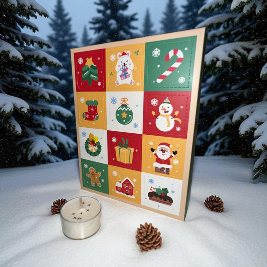 Adventkalender 12 daags met theelichtjes gemaakt van sojawas vol winterse geuren 