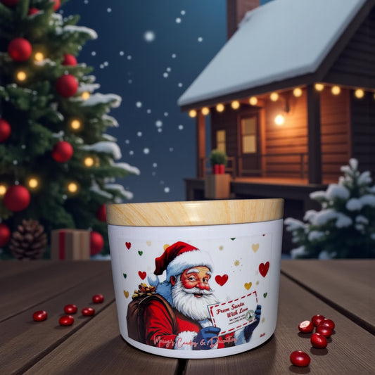 Kerstkaars handgegoten van sojawas in witte tinnen blik 8oz met houtkleurige deksel, winterse geuren 