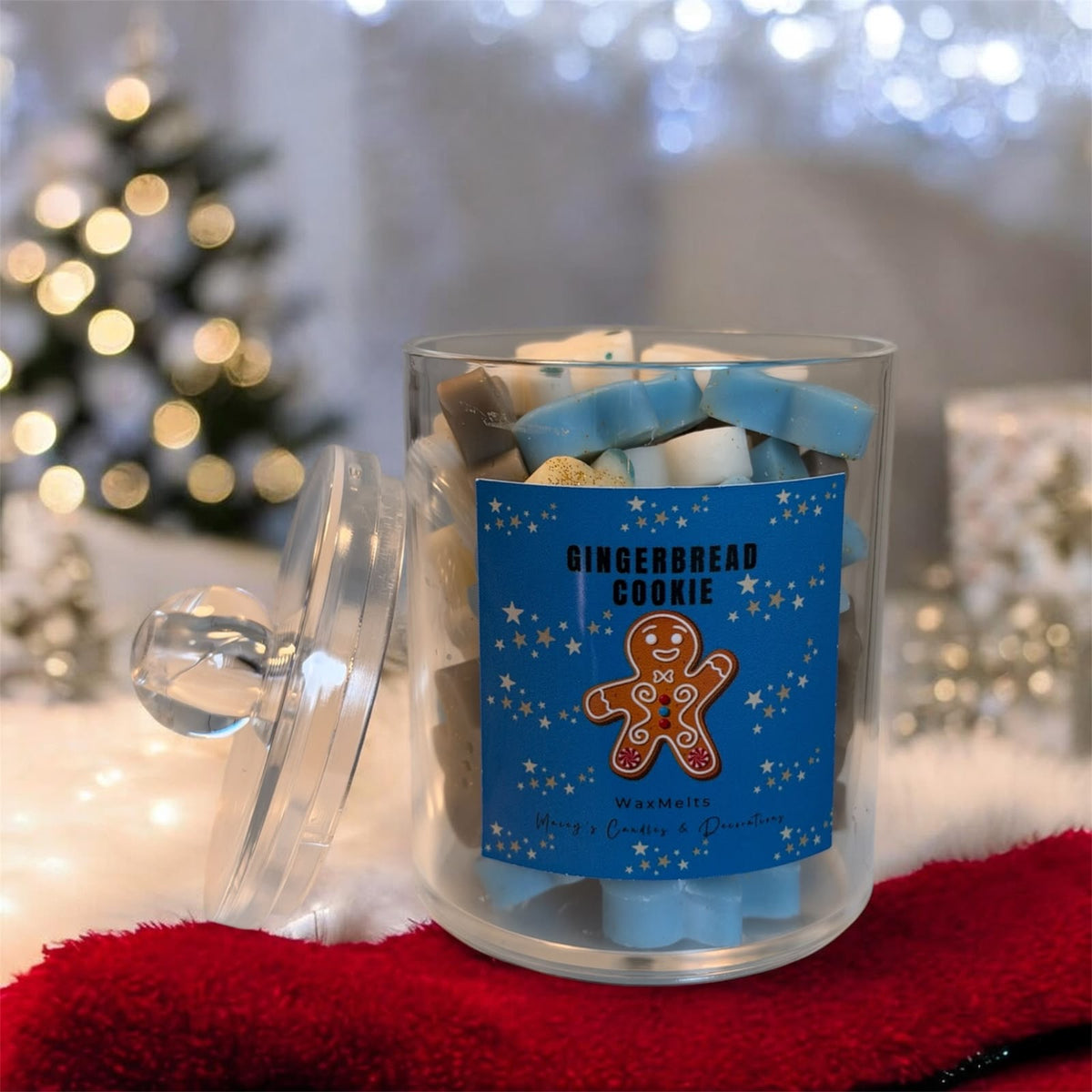 Gingerbread mannetjes van sojawas in doorzichtig acrylic wattenstaaf potje, waxmelts in de kleuren blauw,wit en bruin, met gingerbread cookie geur | handgemaakt 