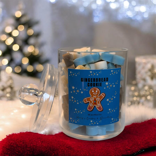 Gingerbread mannetjes van sojawas in doorzichtig acrylic wattenstaaf potje, waxmelts in de kleuren blauw,wit en bruin, met gingerbread cookie geur | handgemaakt 