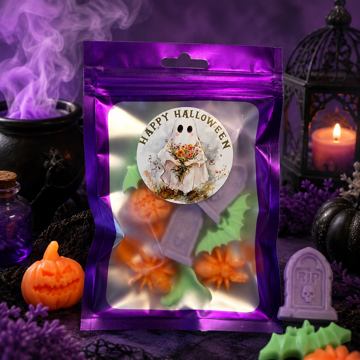 Halloween wax melts, handgemaakt van sojawas, spinnen, grafsteen, pompoen | online kopen 