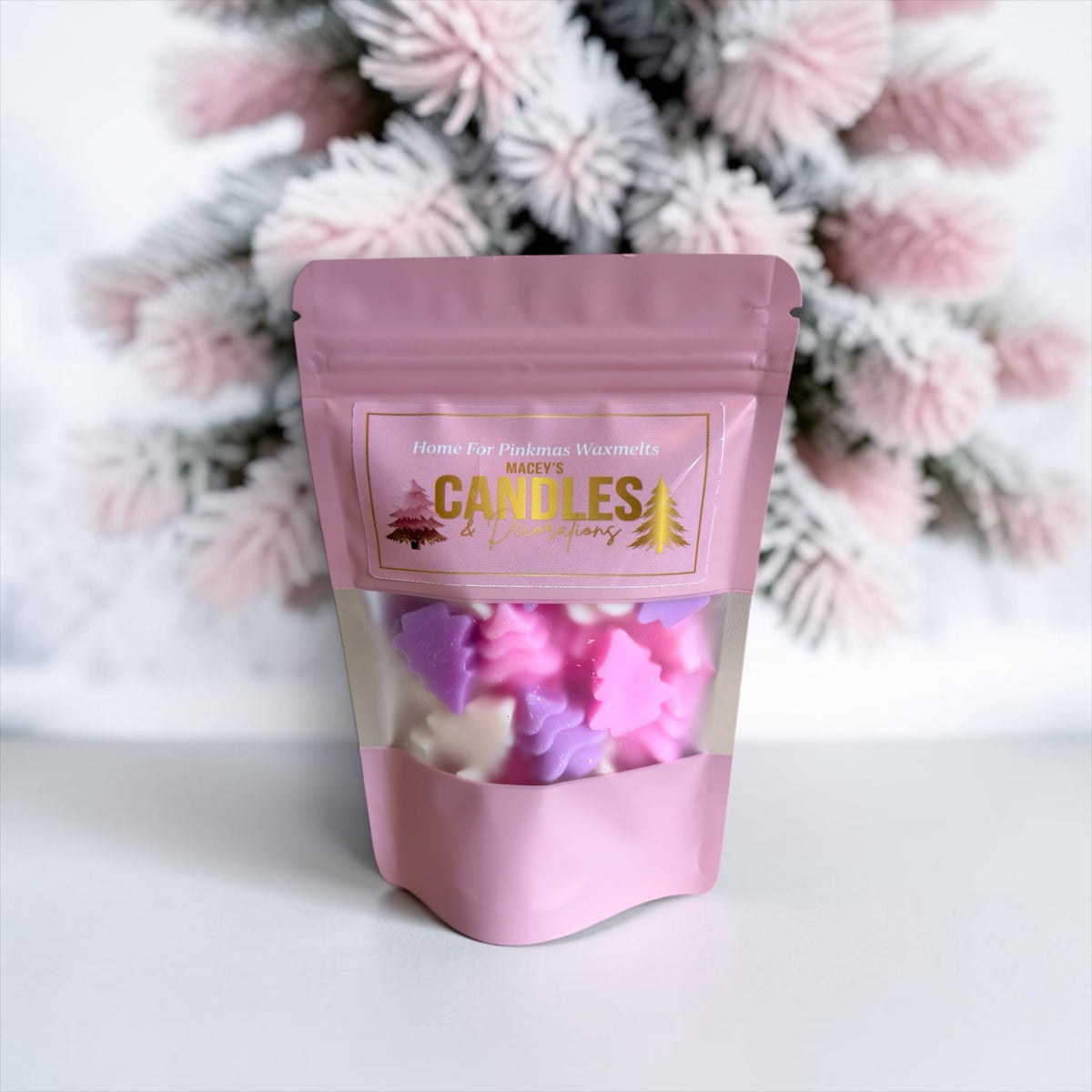 Home for Pinkmas waxmelts van sojawas in een roze stazakje voor een roze kerstboom⁠