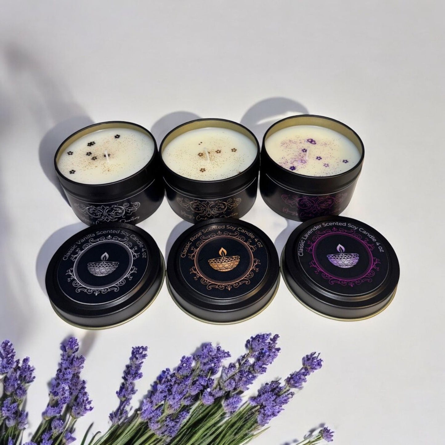 Klassieke geurkaarsjes 3-Pack 4oz (vanille, lavendel & roos)