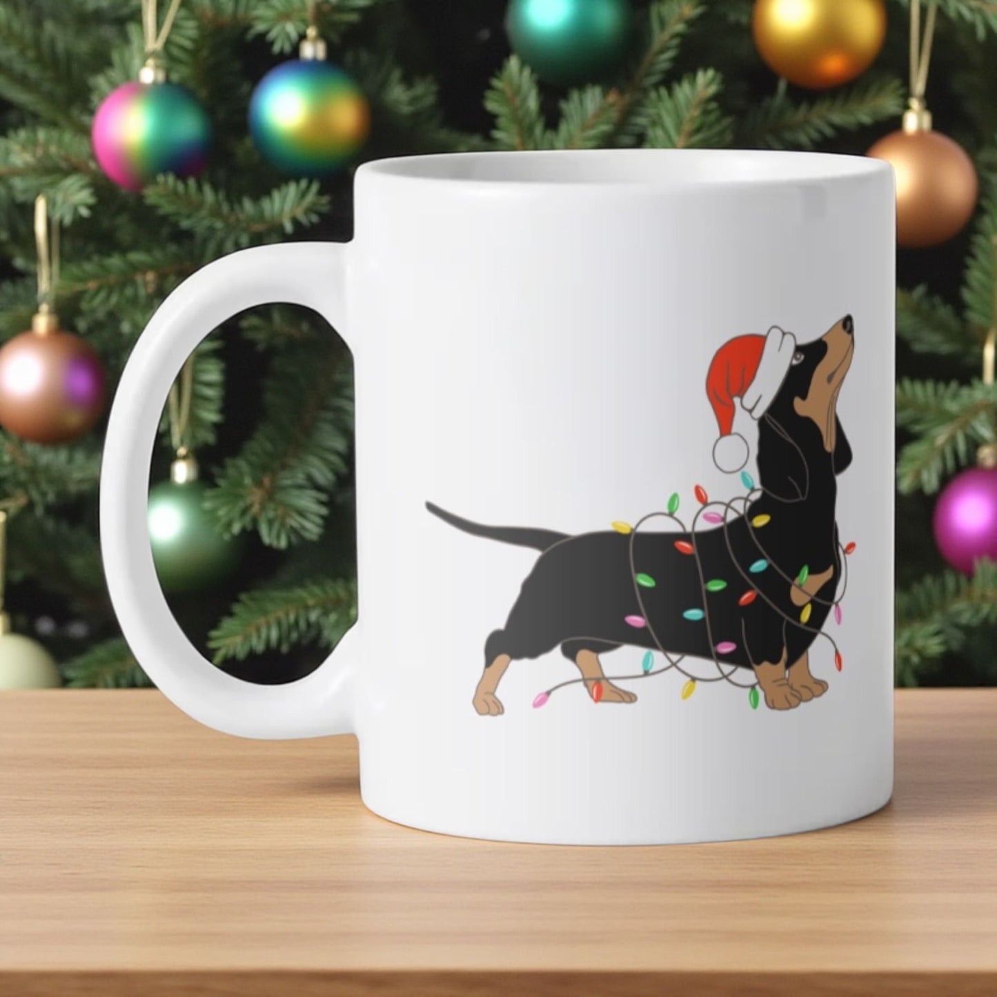 Keramische koffie beker met een teckel en lichtjes afbeelding 350ml