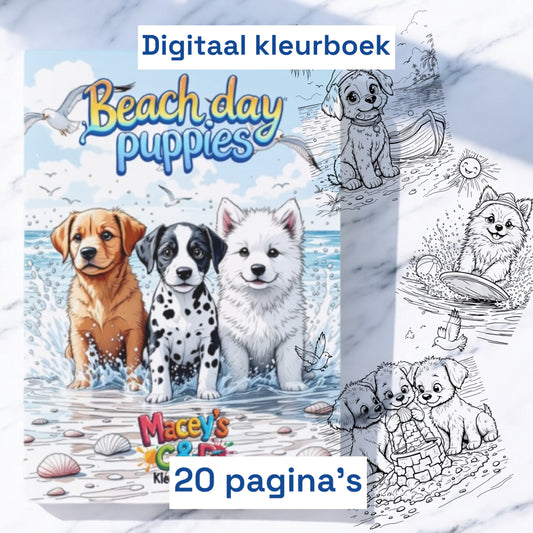 Beach day puppies (digitaal kleurboek A4-Formaat)