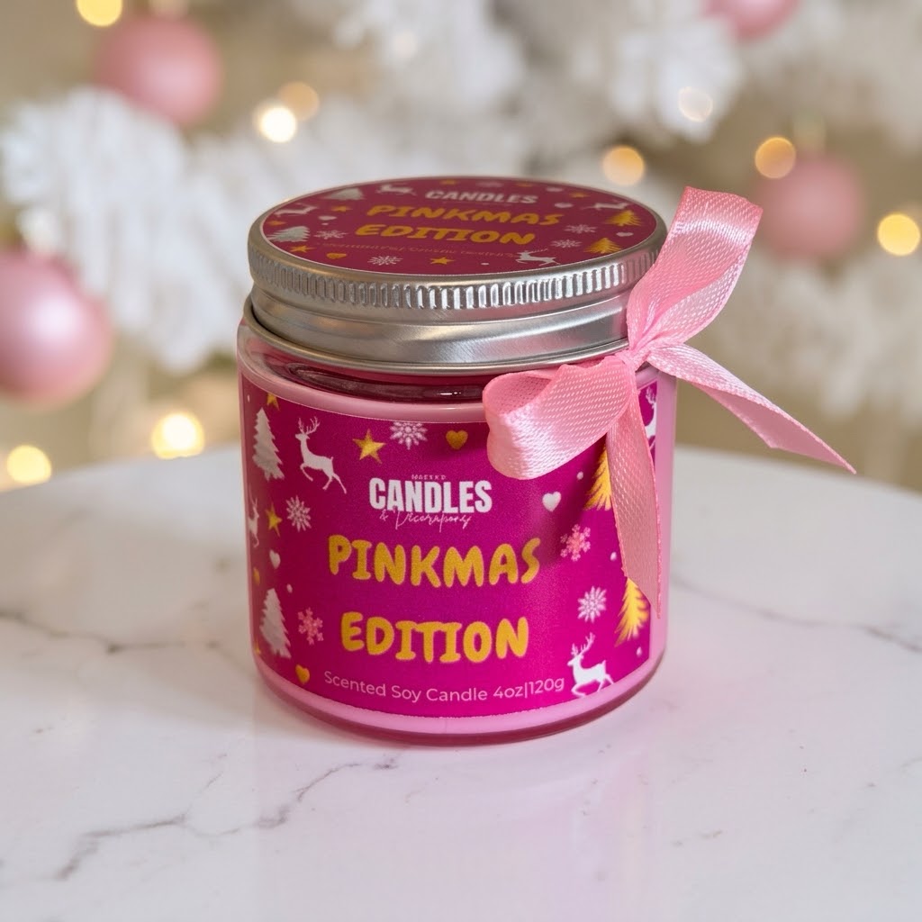 Pinkmas Edition geurkaars van sojawas in een glazen potje met zilveren schroefdeksel en roze strik op een marmeren ondergrond⁠