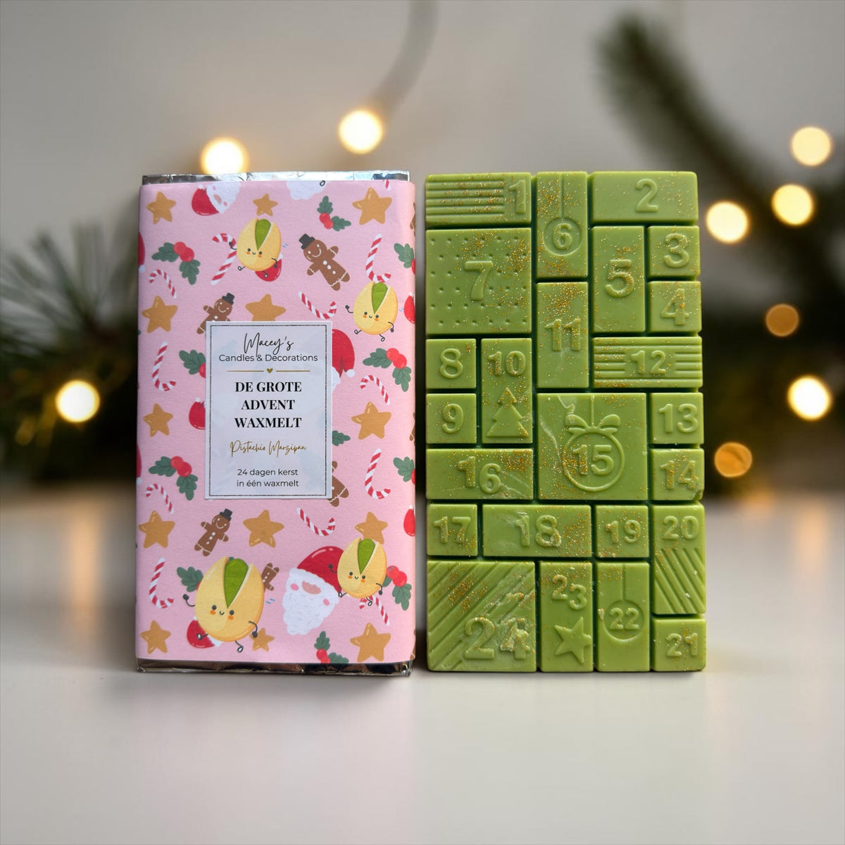 Grote Advent Waxmelt Pistachio Marzipan van 165 gram sojawas met 24 genummerde vakjes