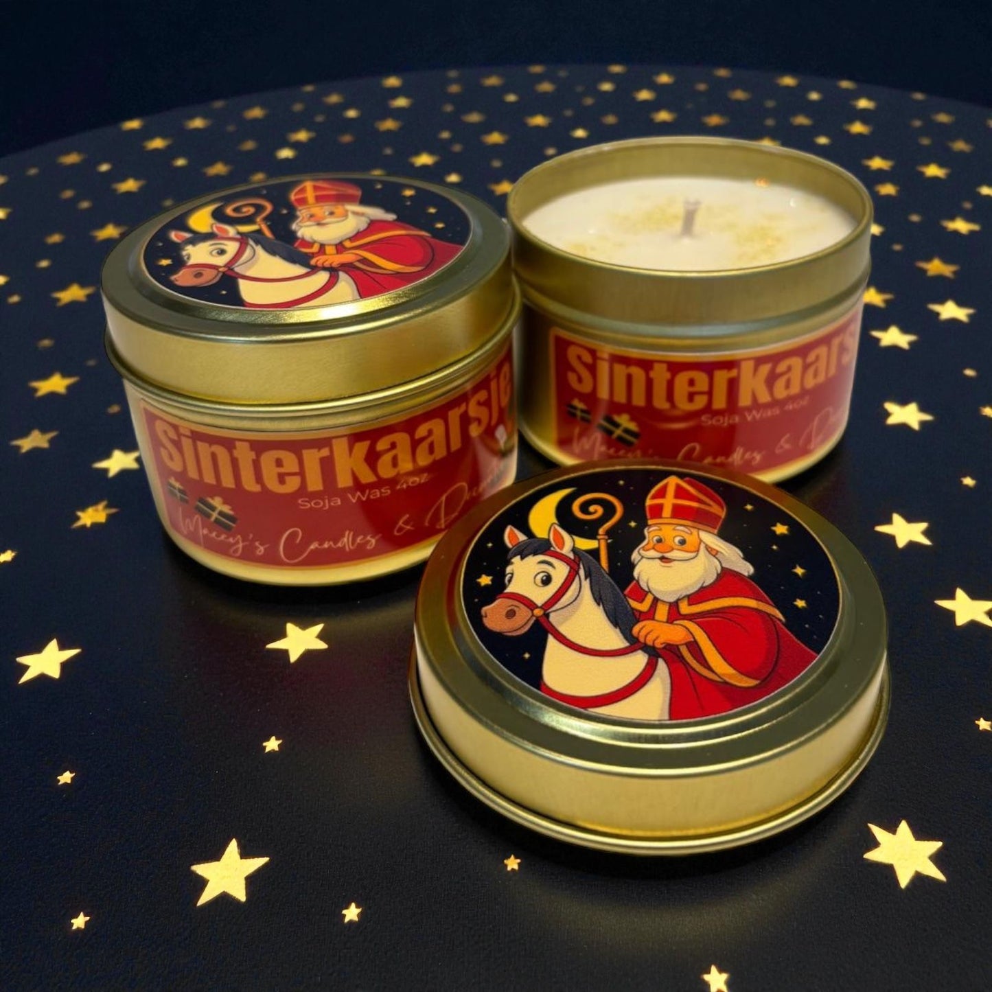 Sinterklaas Geurkaars 4geuren in gouden tinnen blikje met deksel 120ml