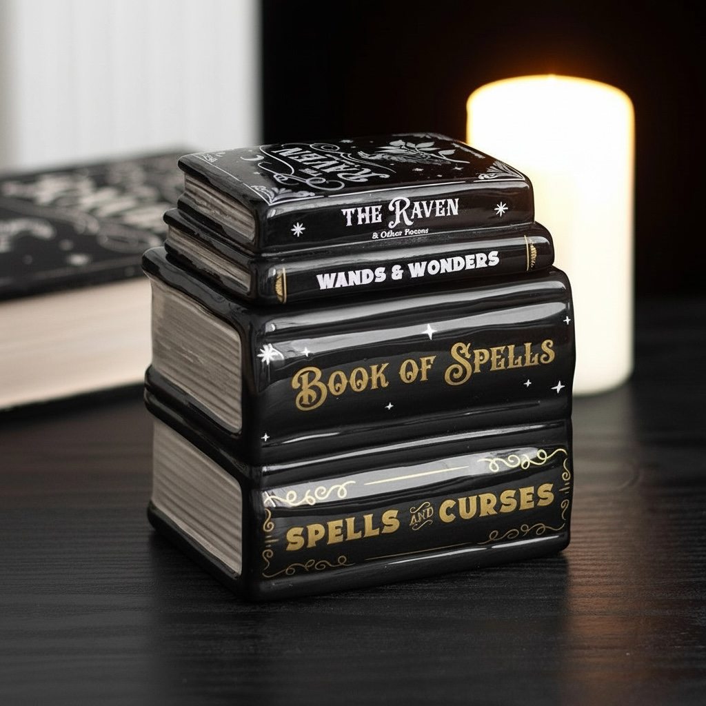 Keramische waxbrander vormgegeven als een zwarte stapel spreukenboeken met goudkleurige details en titels zoals 'Book of Spells' en 'The Raven', op een houten ondergrond.⁠