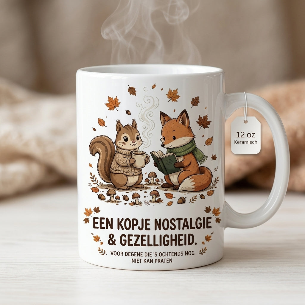 Witte keramische 12oz mok met illustratie van een lezende vos en eekhoorn met herfstbladeren en de tekst Een kopje nostalgie en gezelligheid