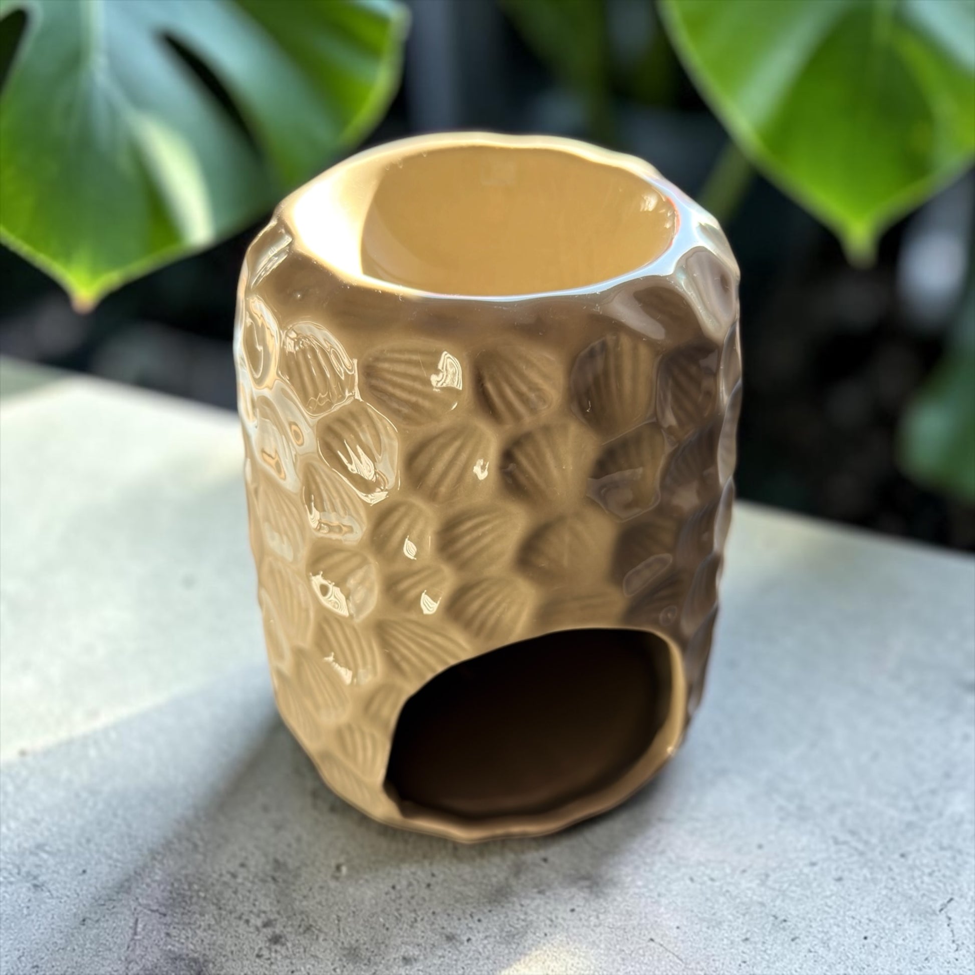 warme taupe tint waxbrander. De aardse kleur gecombineerd met het schelpachtige reliëf geeft een natuurlijke, luxe uitstraling die meteen opvalt.