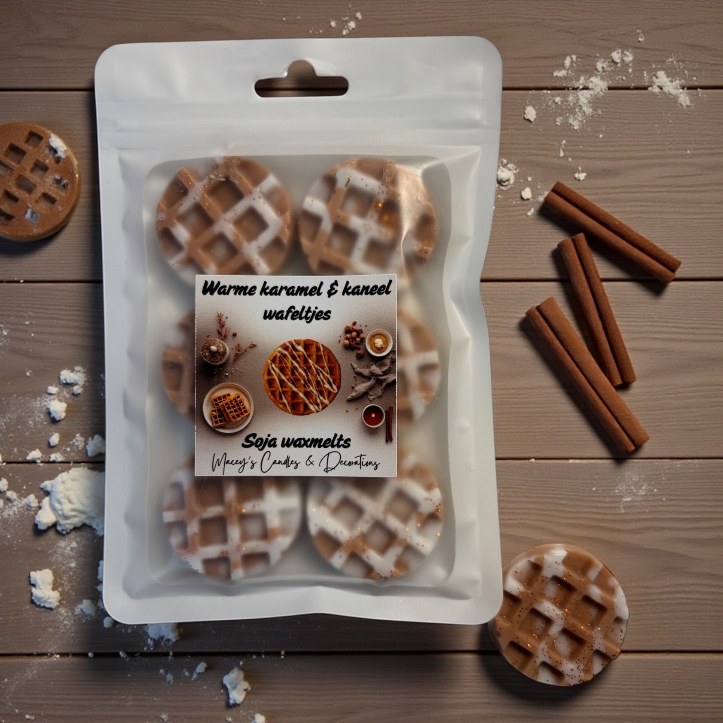 Waxmelts in de vorm van ronde wafeltjes met de geur van kaneel, karamel en vanille, 6 stuks handgemaakt van natuurlijke sojawas 